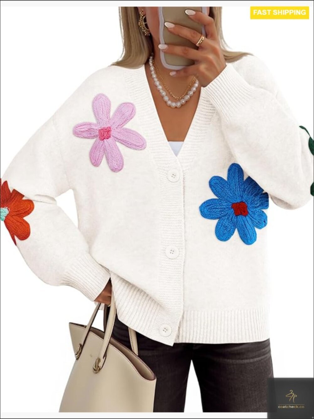 Floral Knit Cardigan Sweater Long Sleeve Button Down V Neck Loose Fit